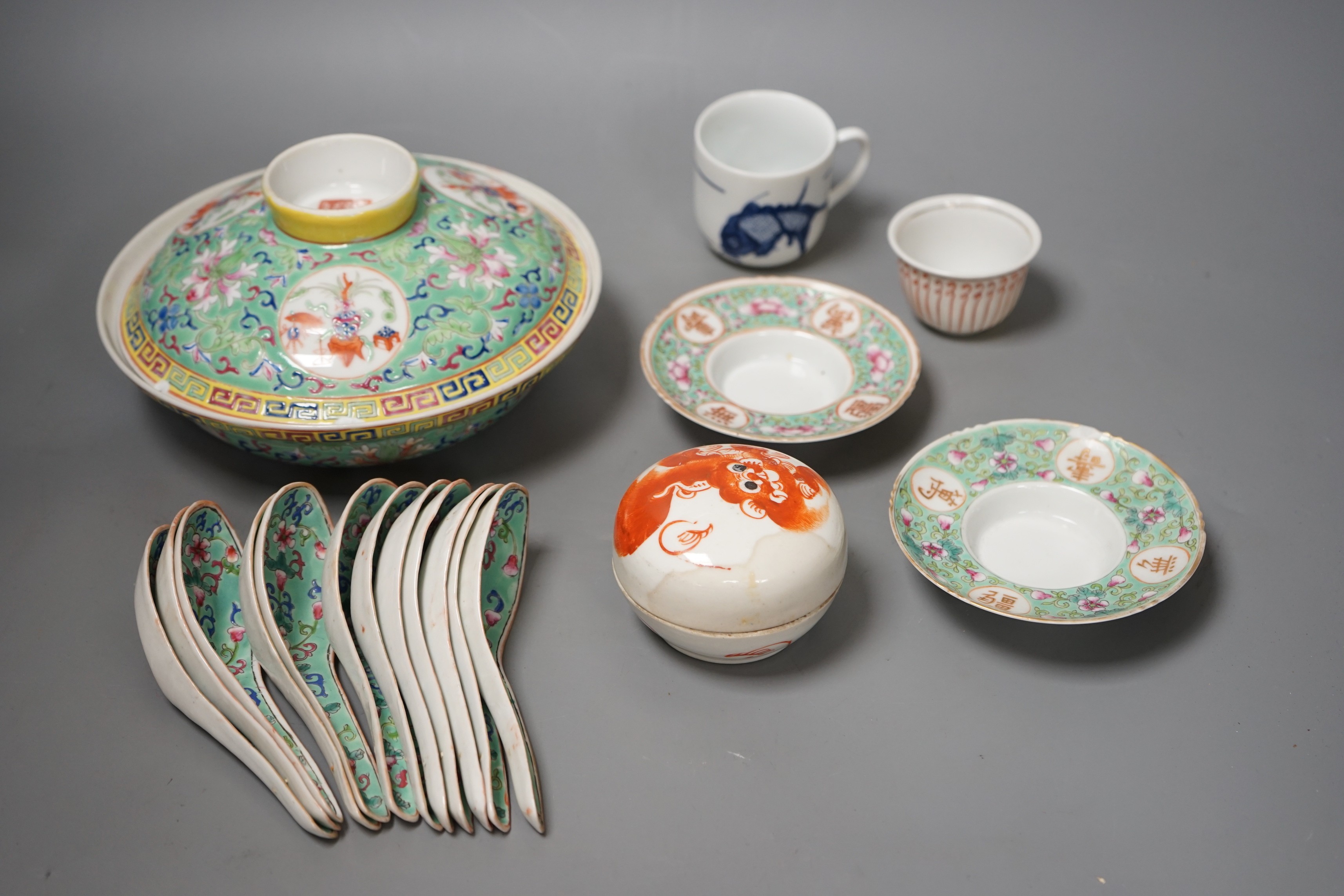 A group of 20th-century Chinese enamelled porcelain spoons, two stands a rice bowl and cover a box and cover and two other items